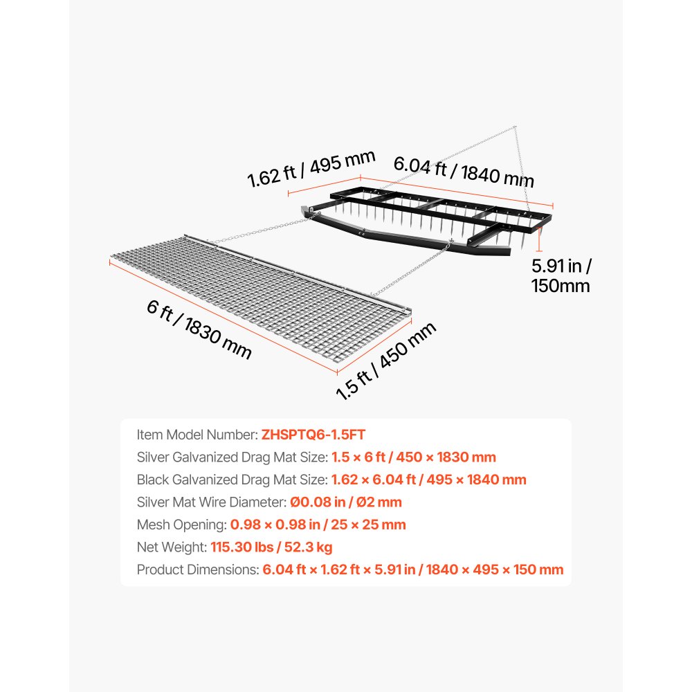 VEVOR Schleppegge, 1,84 m Wiesenegge, Wiesenschleppe, Stahl Feldegge, Rasennivellierungsharke, Wiesenschleppe Passend für ATVs, UTVs & Traktoren, für Schotterauffahrten & Felder