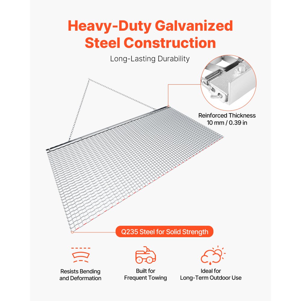 VEVOR Schleppegge 1830x914 mm, Wiesenegge, Wiesenschleppe, Feldegge aus Verzinktem Stahl mit Anhängekette, Anbaugerät für ATVs, UTVs & Traktoren zum Einebnen von Schotterwegen, Fahrspuren & Feldern