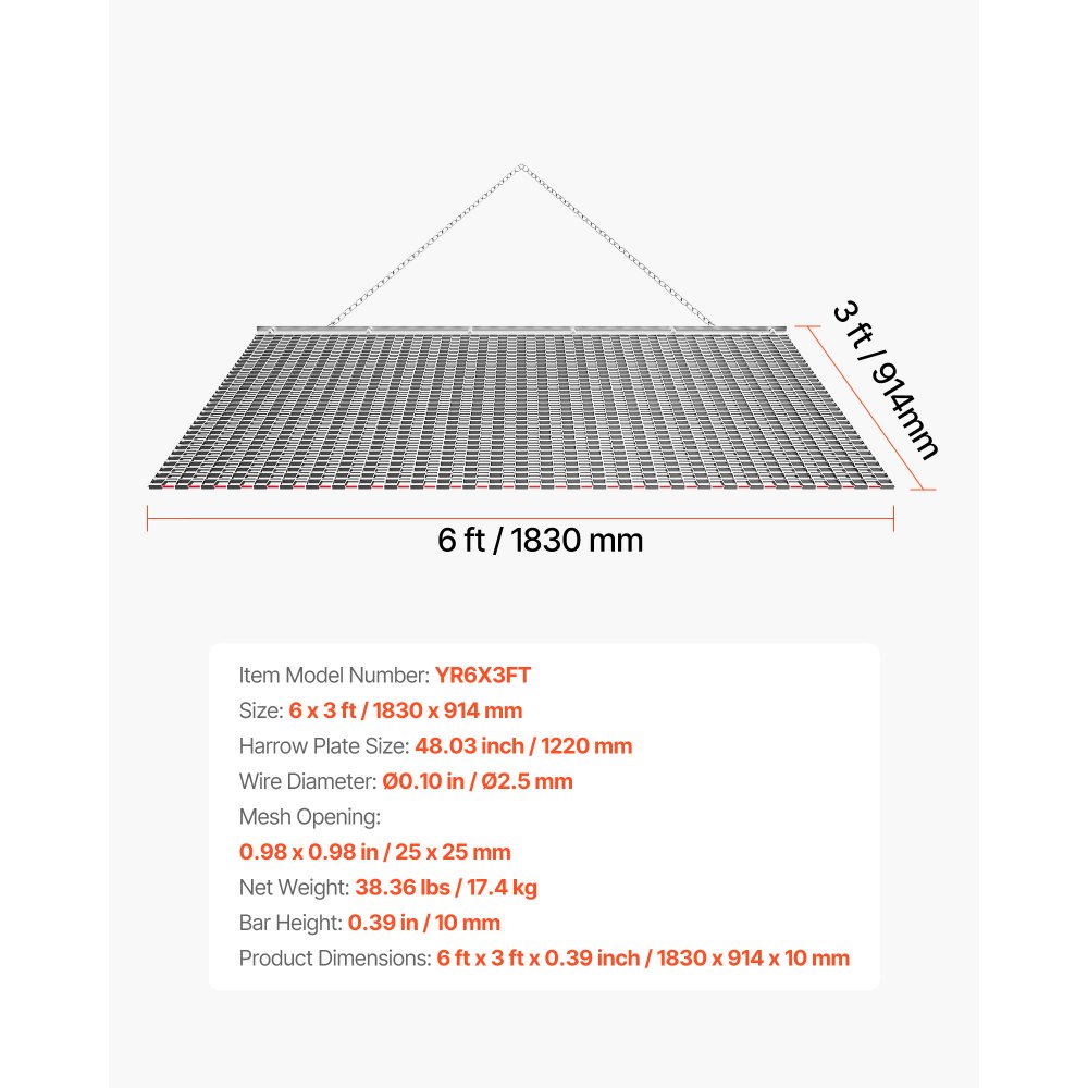 VEVOR Schleppegge 1830x914 mm, Wiesenegge, Wiesenschleppe, Feldegge aus Verzinktem Stahl mit Anhängekette, Anbaugerät für ATVs, UTVs & Traktoren zum Einebnen von Schotterwegen, Fahrspuren & Feldern