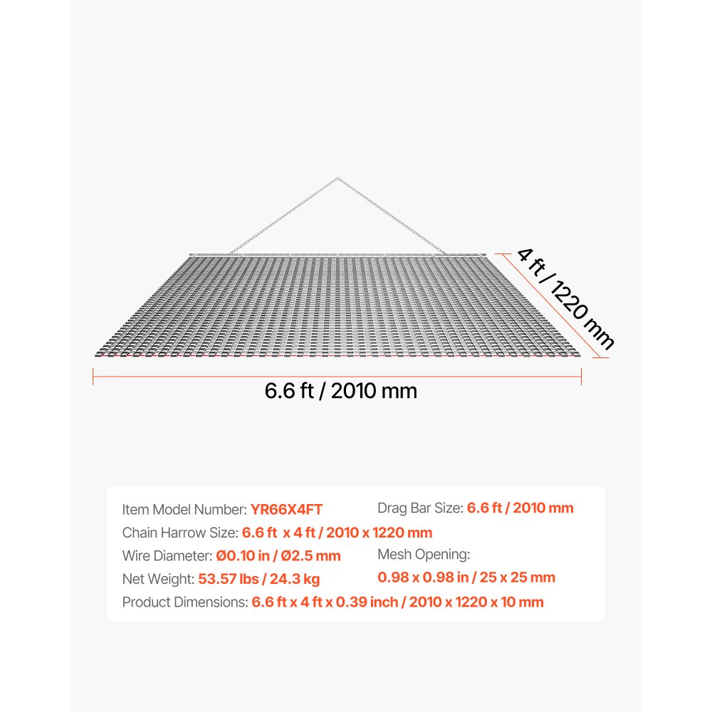VEVOR Schleppegge, 201x122 cm, Wiesenegge, Wiesenschleppe, Feldegge aus Verzinktem Stahl mit Anhängekette, Anbaugerät für ATVs, UTVs & Traktoren zum Einebnen von Schotterwegen, Fahrspuren & Feldern