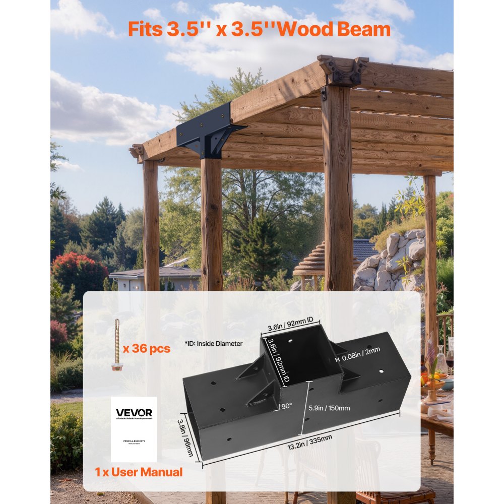 VEVOR Pfostenverbinder, 2er-Pack, T-förmige Pfostennecke für Posten mit einer Innengröße von 92 x 92 mm, 3-Wege-Pergola-Halterungen, Pavillon-Halterungssatz mit Schrauben