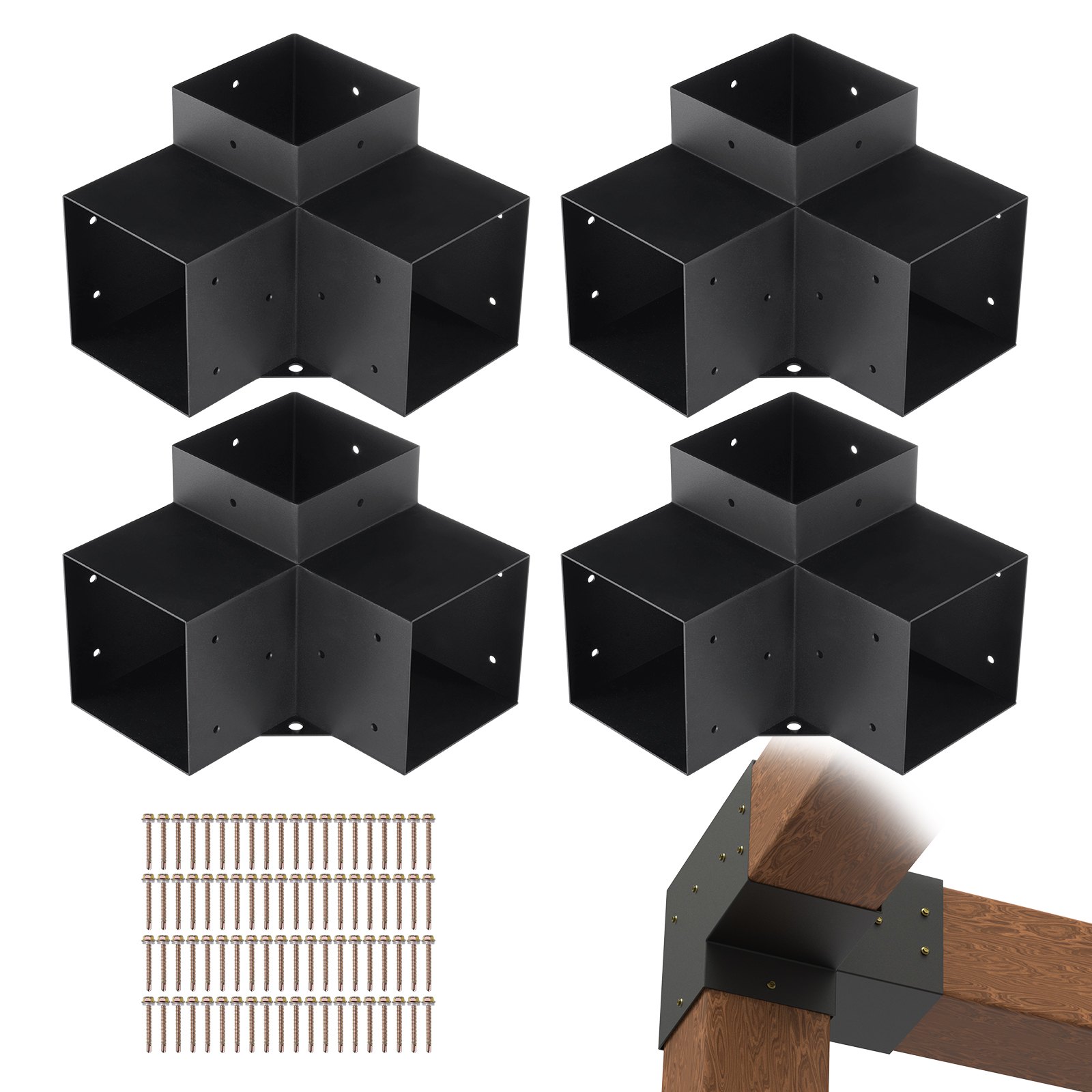 VEVOR 4er-Set Pfostenverbinder aus 2 mm dicken Stahlplatten Pfostenecke Pergola Eckverbinder Holzverbinder 90°-Stiefelstruktur Eckhalterung Holzbalken Pavillon Halterungs Set 270 x 270 x 202 mm