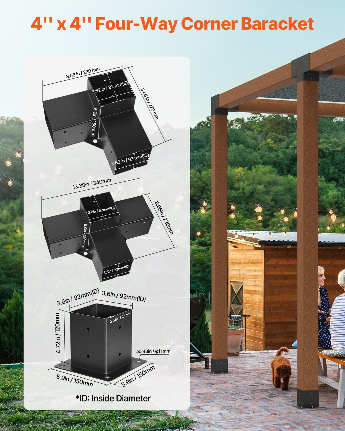 VEVOR Pfostenverbinder, Pfostennecke für Posten mit einer Innengröße von 92x92 mm, 3-Wege- (4 Stk.) & 4-Wege- (2 Stk.) Pavillon-Halterungen mit 6 Pfostenträger, für Pergolen, Pavillons