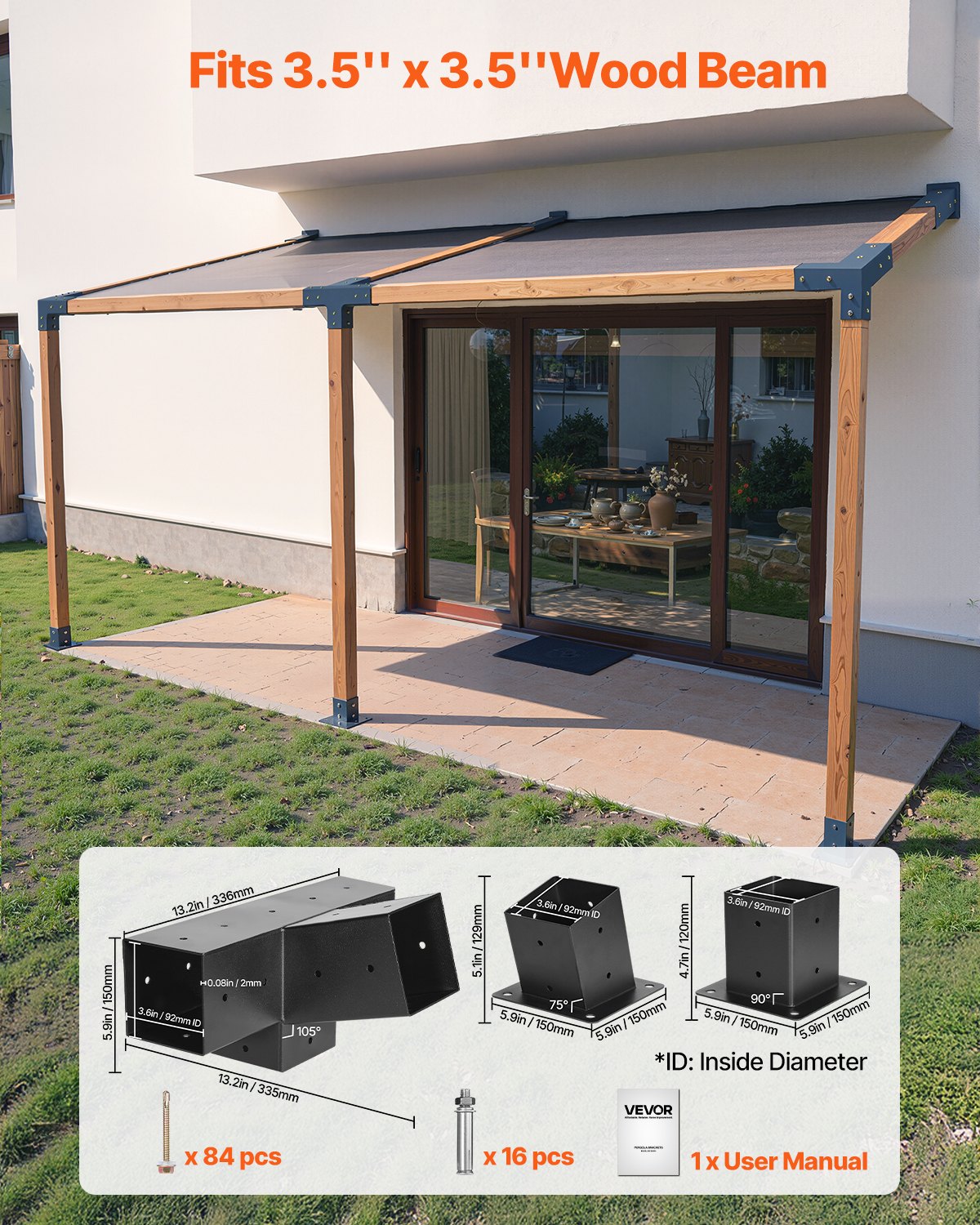 VEVOR 3x Pfostenverbinder, 4-Wege-Schräghalterung für 92 x 92 mm Pfosten, Pfostennecke aus Karbonstahl mit Pfostenträger & Wandmontagesockel, Pergola Halterung für Pergolen, Pavillons