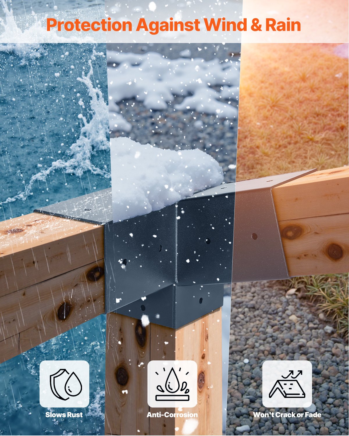 VEVOR Pfostenverbinder, 3-Wege-Schräghalterungen für 92x92 mm Holzbalken, 2er-Pack Pergola-Halterungen mit 2 Pfostensockeln & 2 Wandmontagesockeln, für Pergolen, Pavillons & Schuppen im Freien