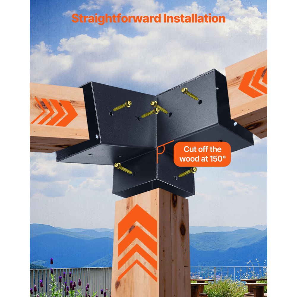 VEVOR Pfosttenverbinder, 3-Wege-Schräghalterung für 92 x 92 mm, Pergola-Halterung aus Karbonstahl mit Schrauben & Pfostensockeln, für Holzpergolen im Freien, Pavillons, Schuppen, 8 Stück