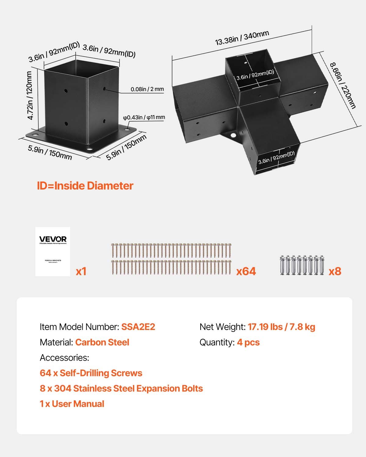 VEVOR Pfostenverbinder, Pfostennecke für 92x92 mm Pfosten, 4-Wege-Hochleistungs-Eckhalterungen, Pfostenträger, Woodworks DIY-Pfostenbasissatz, für Pavillons, Terrassenpergolen, Pavillion, 4er-Set