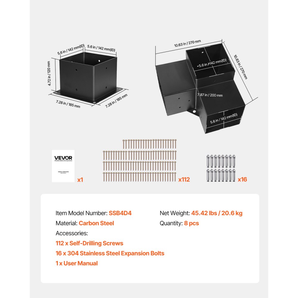 VEVOR Pfostenverbinder, Pfostennecke für 142 x 142 mm Pfosten, inkl. 4 Stk.3-Wege-Hochleistungs-Eckhalterung & 4 Stk. Pfostenträger, Pergola-Halterung-Set für Pavillons, Terrassenpergolen