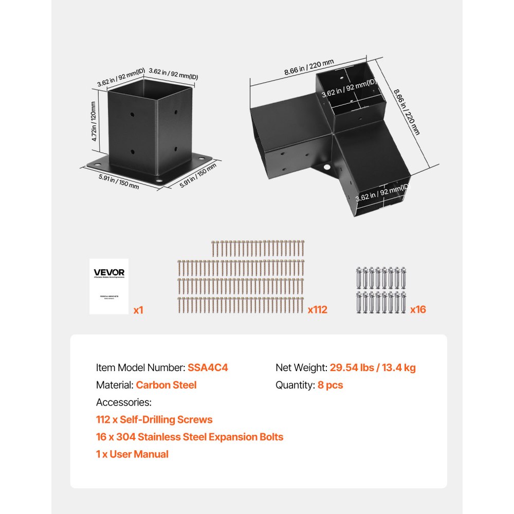 VEVOR Pfostenverbinder, Pfostennecke passend für 92 x 92 mm Pfosten, 4-teilige 3-Wege-Eckhalterungen mit Pfostenträger, Pergola-Halterungen Set, Ideal für Pavillons, Terrassenpergolen