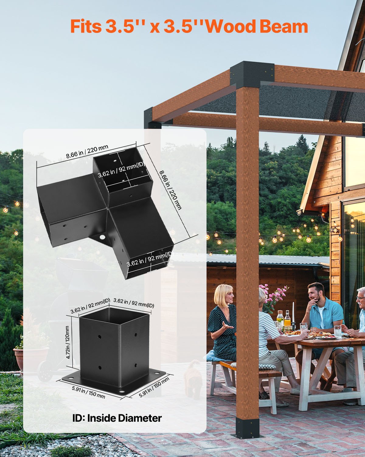 VEVOR Pfostenverbinder, Pfostennecke passend für 92 x 92 mm Pfosten, 4-teilige 3-Wege-Eckhalterungen mit Pfostenträger, Pergola-Halterungen Set, Ideal für Pavillons, Terrassenpergolen