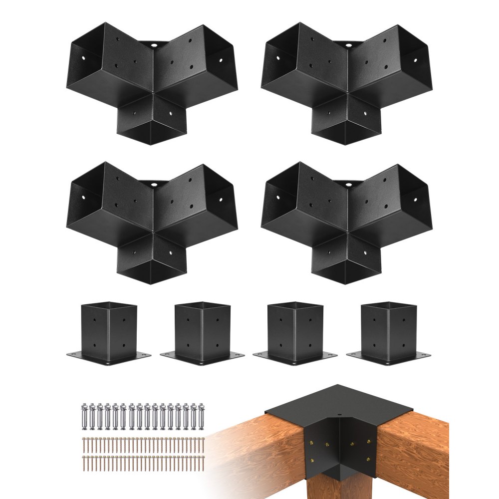 VEVOR Pergola-Halterungs-Set, 3-Wege-Holzarbeiten, DIY-Pfosten, 8-tlg 10 x 10 cm Halterung für Innengröße von 92 x 92 mm
