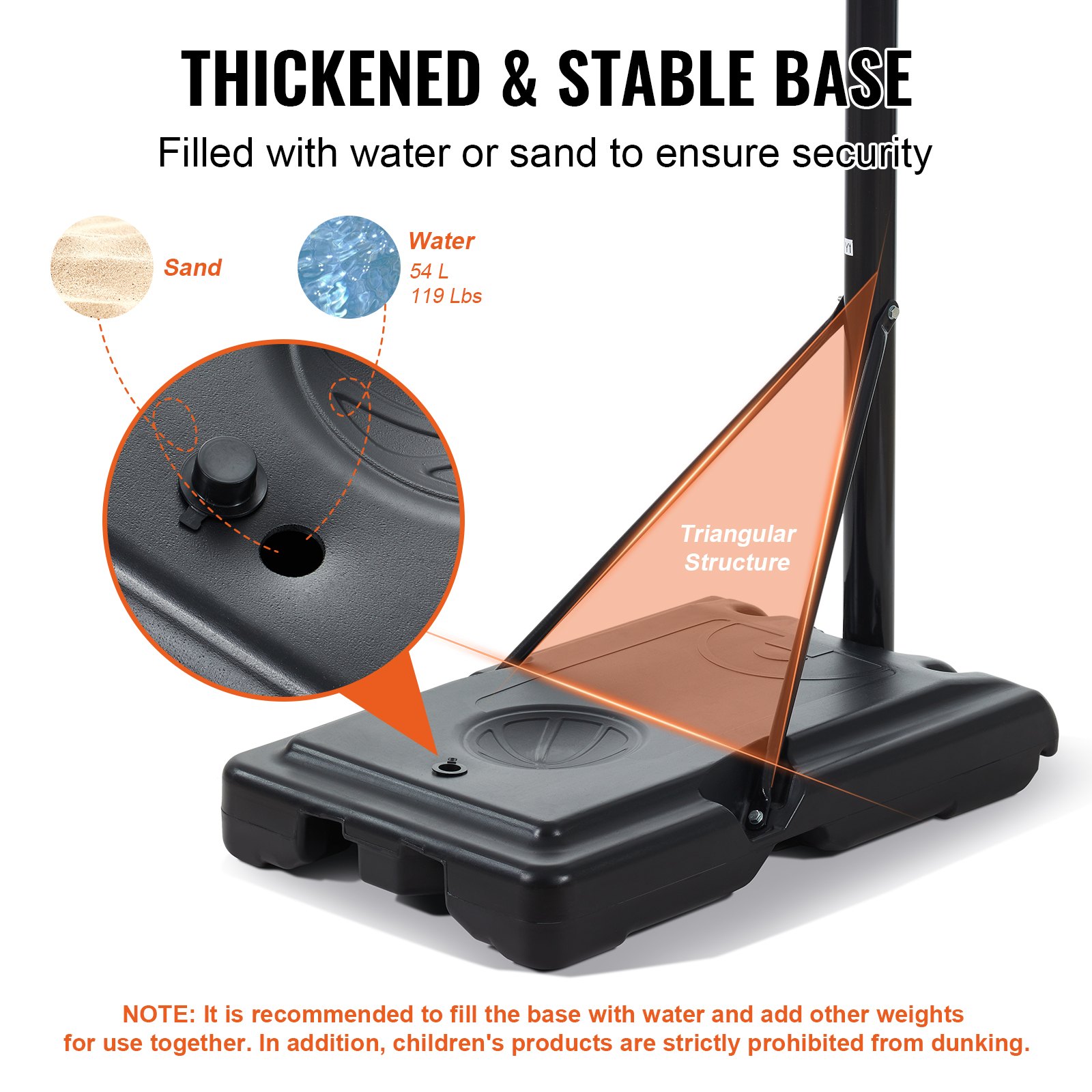 VEVOR Outdoor Basketball Hoop Stand, 122-305 cm Adjustable Height, Black, Weatherproof, Rustproof, Portable Basketball Hoop Base with Water or Sand