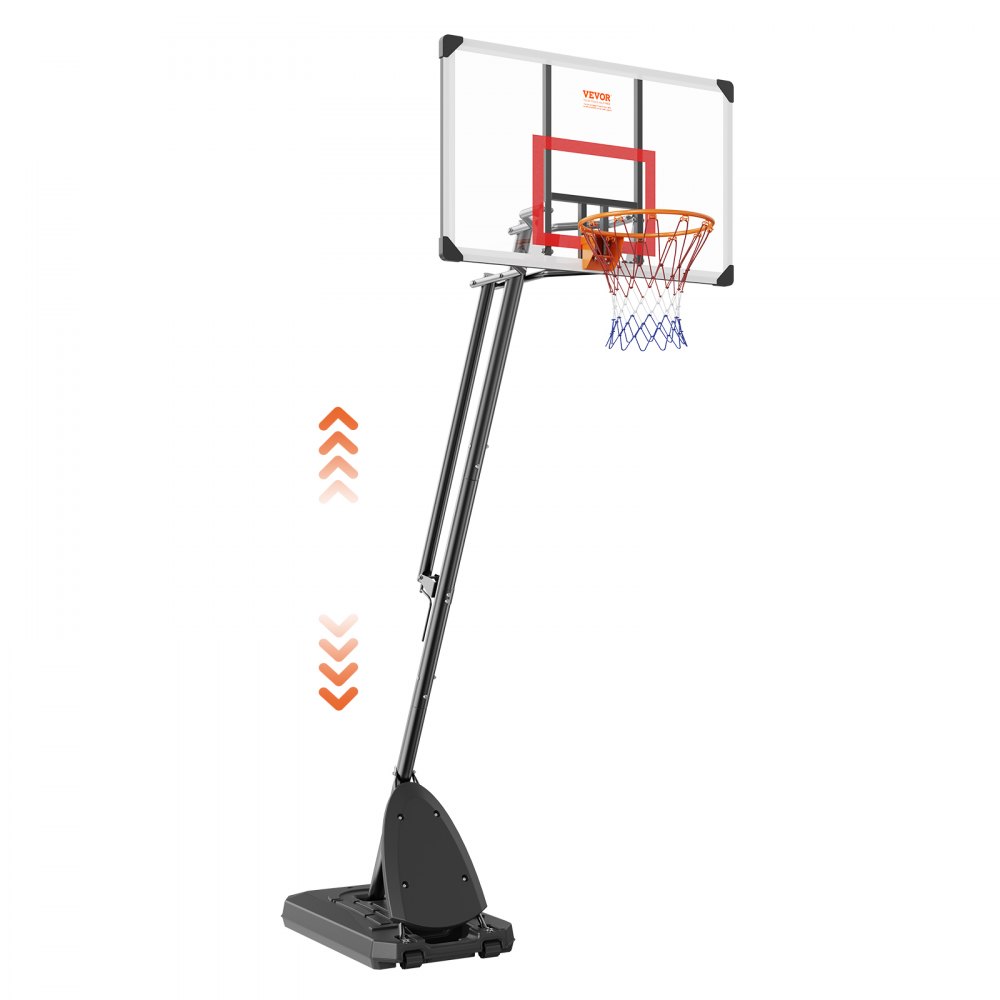 verstellbarer VEVOR-Basketballkorb mit durchsichtigem Backboard, orangefarbenem Ring und beweglicher Basis für alle Altersgruppen.