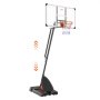 verstellbarer VEVOR-Basketballkorb mit schwarzer Basis und durchsichtigem Backboard, mit Pfeilen zur Höhenverstellung.