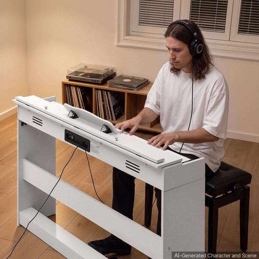 VEVOR Digitalpiano 88 Halbgewichtete Tasten E-Piano HiFi-Lautsprecher Weiß für Anfänger, mit 128 Klängen, 128 Rhythmen, USB, MIDI, Audioausgang, Standard-3,5-mm-Kopfhörerbuchse, Notenhalter und Pedal