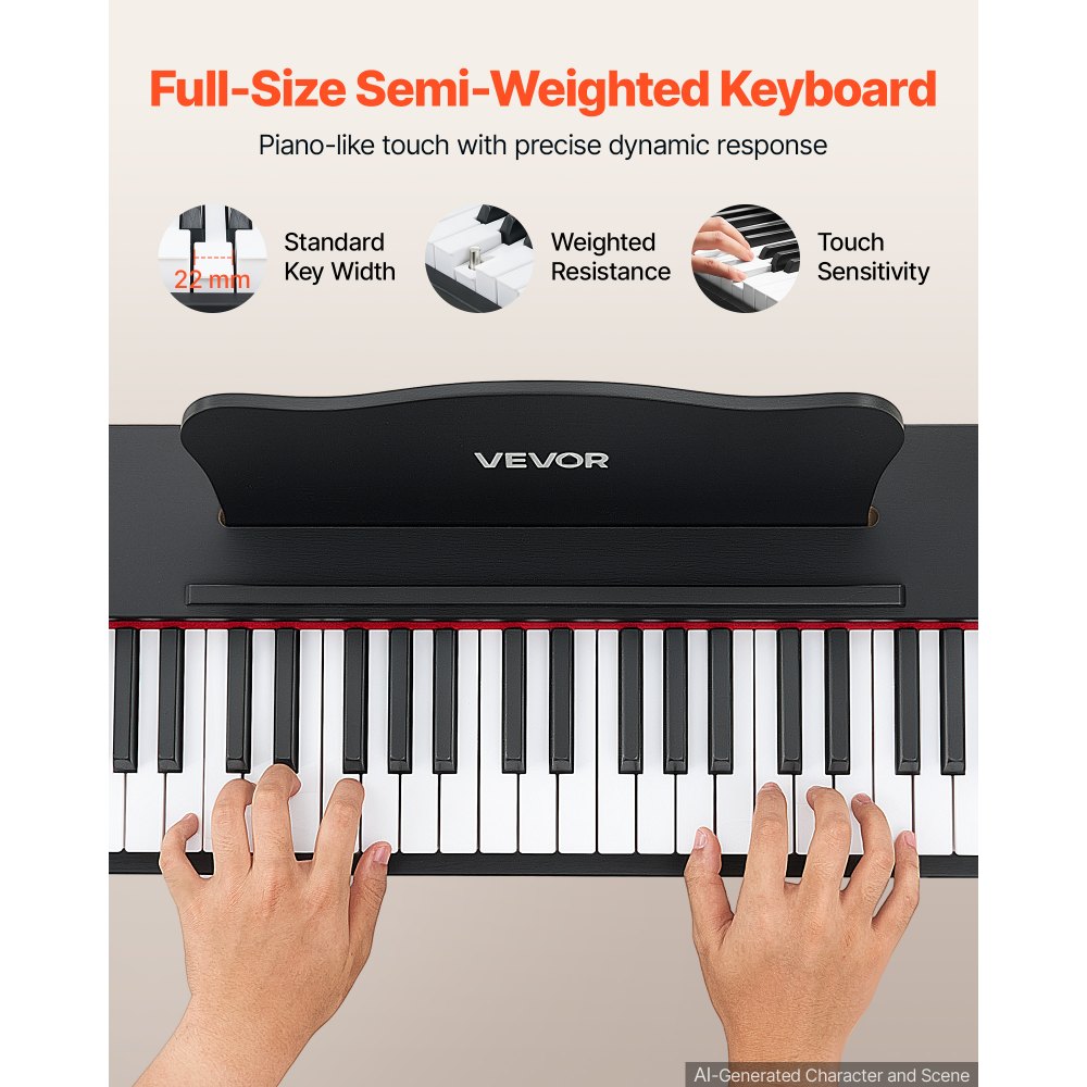 VEVOR Digitalpiano 88 Halbgewichtete Tasten mit HiFi-Lautsprechern Schwarz, E-Piano Ideal für Anfänger, mit 600 Klängen, 600 Rhythmen, USB, MIDI, Standard-3,5-mm-Kopfhörerbuchse, Notenhalter und Pedal