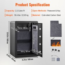 VEVOR Safe Tresor 2,2 Kubikfuß, Möbeltresor mit Feuerfester Geldtasche, Passwort & Schlüssel & Fingerabdruck Herausnehmbares Regal, Innenschrank, Wandtresor für Bargeld, Schmuck, Dokumente, Wertsache