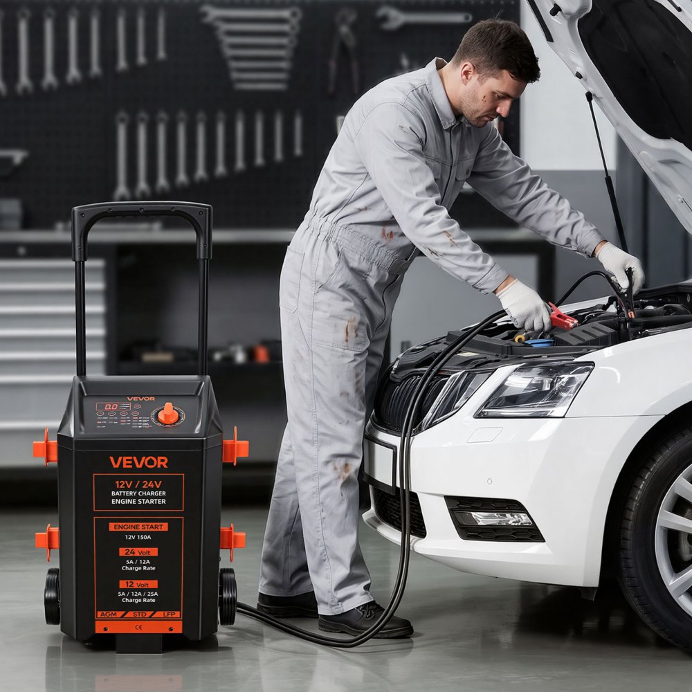 VEVOR Fahrbares Autobatterieladegerät 12 / 24 V 150 A mit Starthilfefunktion für Pkw, SUVs, Leichte Nutzfahrzeuge und Transporter, 9-Stufiges Automatisches Laden für Blei-Säure- und Lithiumbatterie