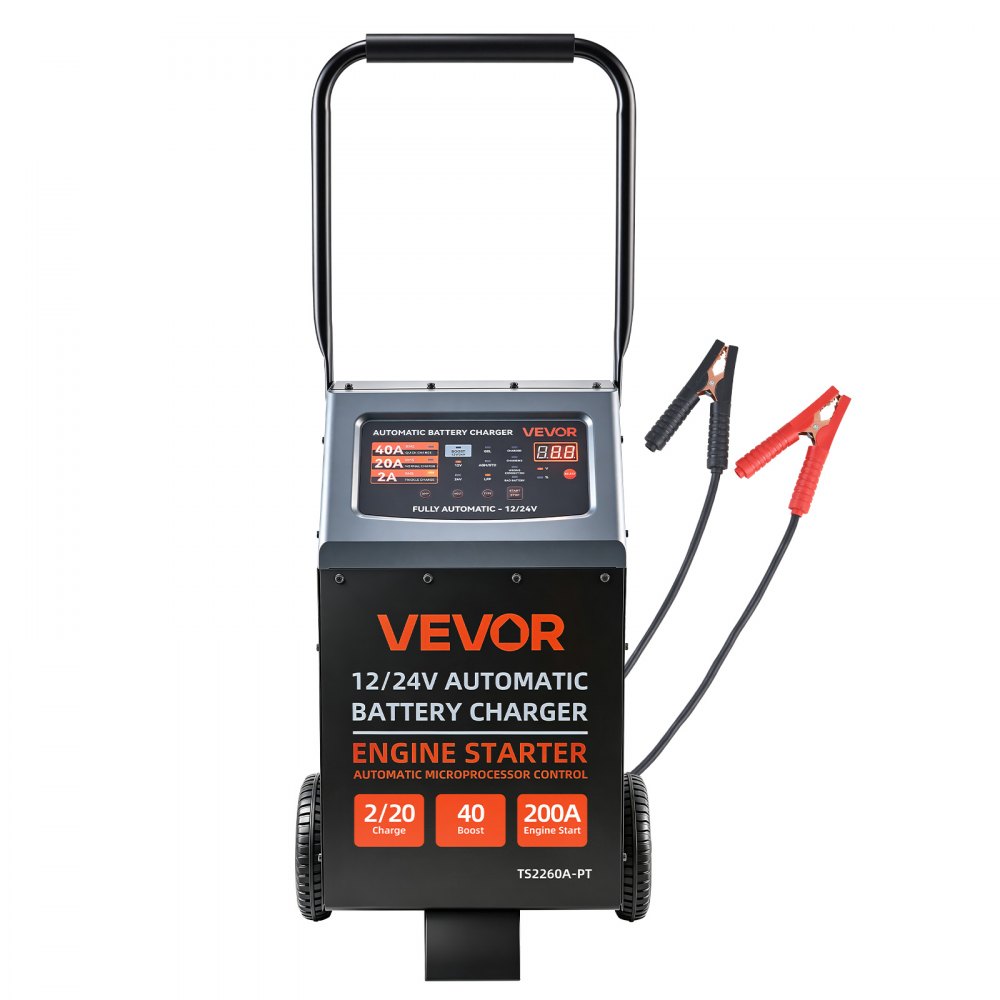 VEVOR Fahrbares Autobatterieladegerät 12 / 24 V 200 / 100 A mit Starthilfe für Pkw, SUVs, Leichte Nutzfahrzeuge und Transporter, 9-Stufiges Automatisches Laden für Blei-Säure- und Lithiumbatterie