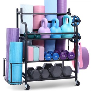 VEVOR Heimgymnastik Aufbewahrungsregal Aufbewahrungsstnder  Yogamattenhalter (3 Schichten), Yogamatten Gewichtheben Rack mit Rdern &  Haken, Hantel Gewichtheben Rack fr Heimbung Fitnessgerte | VEVOR DE
