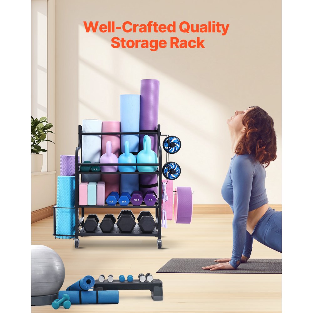 VEVOR Heimgymnastik Aufbewahrungsregal Aufbewahrungsständer Yogamattenhalter (3 Schichten), Yogamatten Gewichtheben Rack mit Rädern & Haken, Hantel Gewichtheben Rack für Heimübung Fitnessgeräte