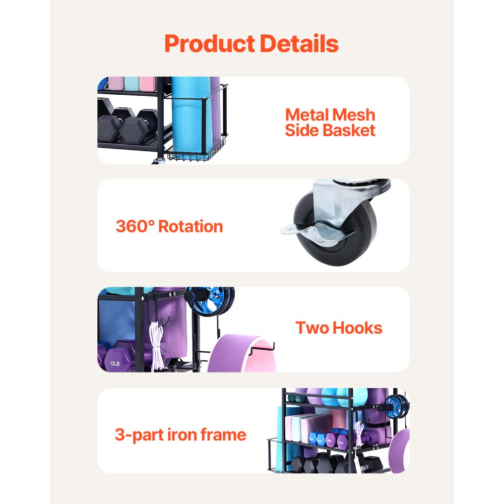 VEVOR Heimgymnastik Aufbewahrungsregal Aufbewahrungsständer Yogamattenhalter (3 Schichten), Yogamatten Gewichtheben Rack mit Rädern & Haken, Hantel Gewichtheben Rack für Heimübung Fitnessgeräte