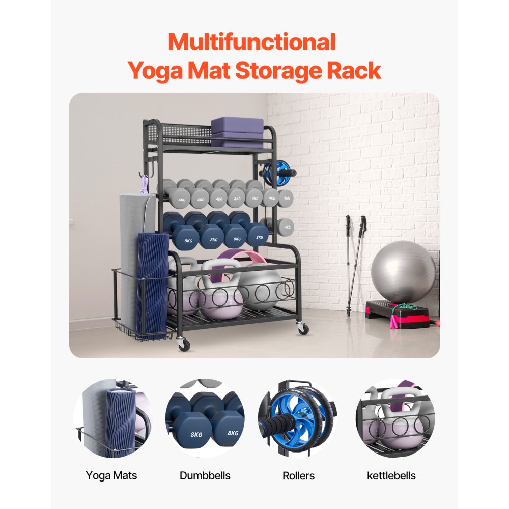 VEVOR Heimgymnastik Aufbewahrungsregal Aufbewahrungsständer Yogamattenhalter (4 Schichten), Yogamatten Gewichtheben Rack mit Rädern & Haken, Hantel Gewichtheben Rack für Heimübung Fitnessgeräte
