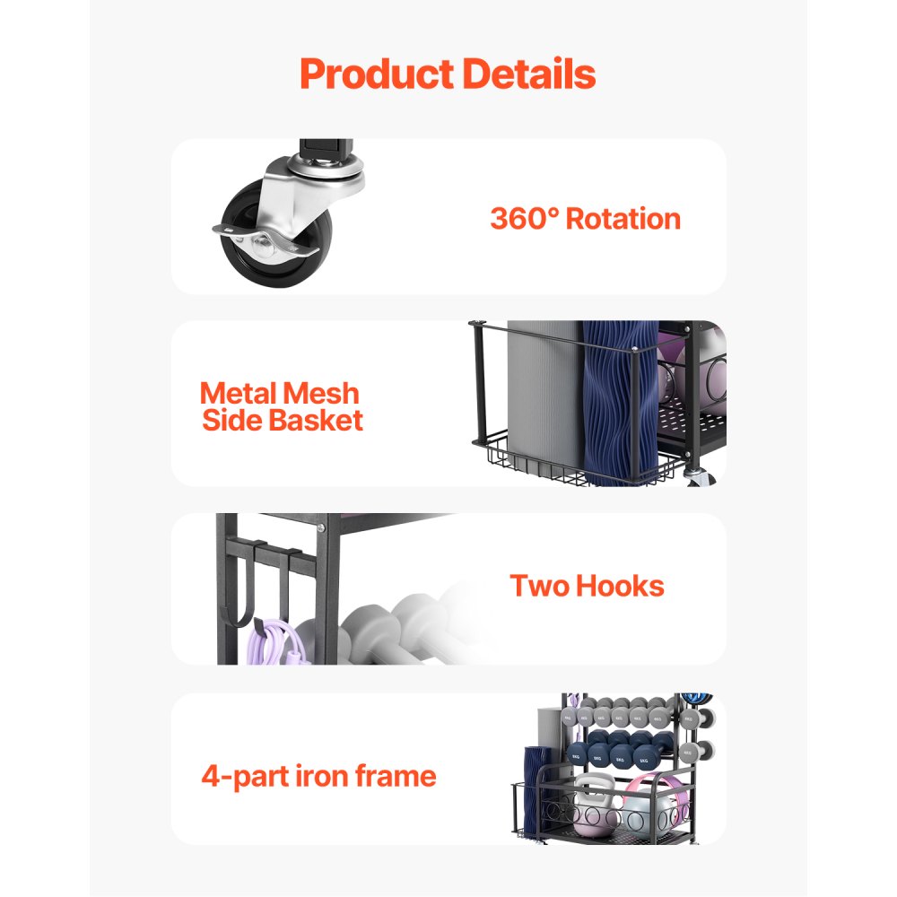 VEVOR Heimgymnastik Aufbewahrungsregal Aufbewahrungsständer Yogamattenhalter (4 Schichten), Yogamatten Gewichtheben Rack mit Rädern & Haken, Hantel Gewichtheben Rack für Heimübung Fitnessgeräte