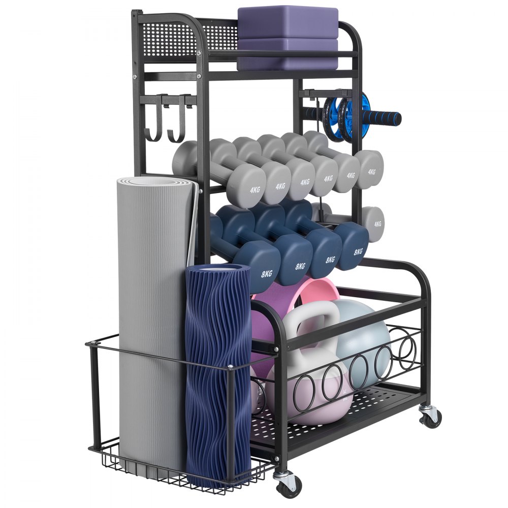 VEVOR Heimgymnastik Aufbewahrungsregal Aufbewahrungsständer Yogamattenhalter (4 Schichten), Yogamatten Gewichtheben Rack mit Rädern & Haken, Hantel Gewichtheben Rack für Heimübung Fitnessgeräte
