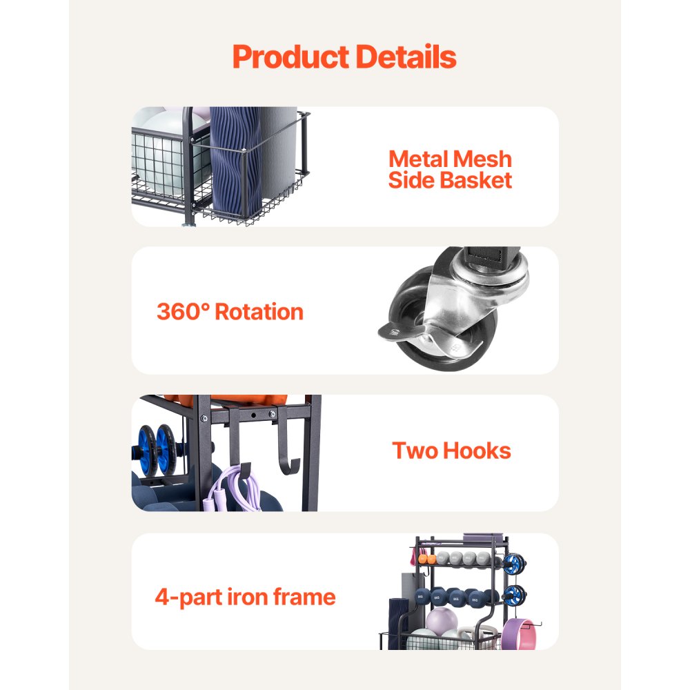 VEVOR Heimgymnastik Aufbewahrungsregal Aufbewahrungsständer Yogamattenhalter aus Stahl, Yogamatten Gewichtheben Rack mit Rädern & Haken, Hantel Gewichtheben Rack für Heimübung Fitnessgeräte