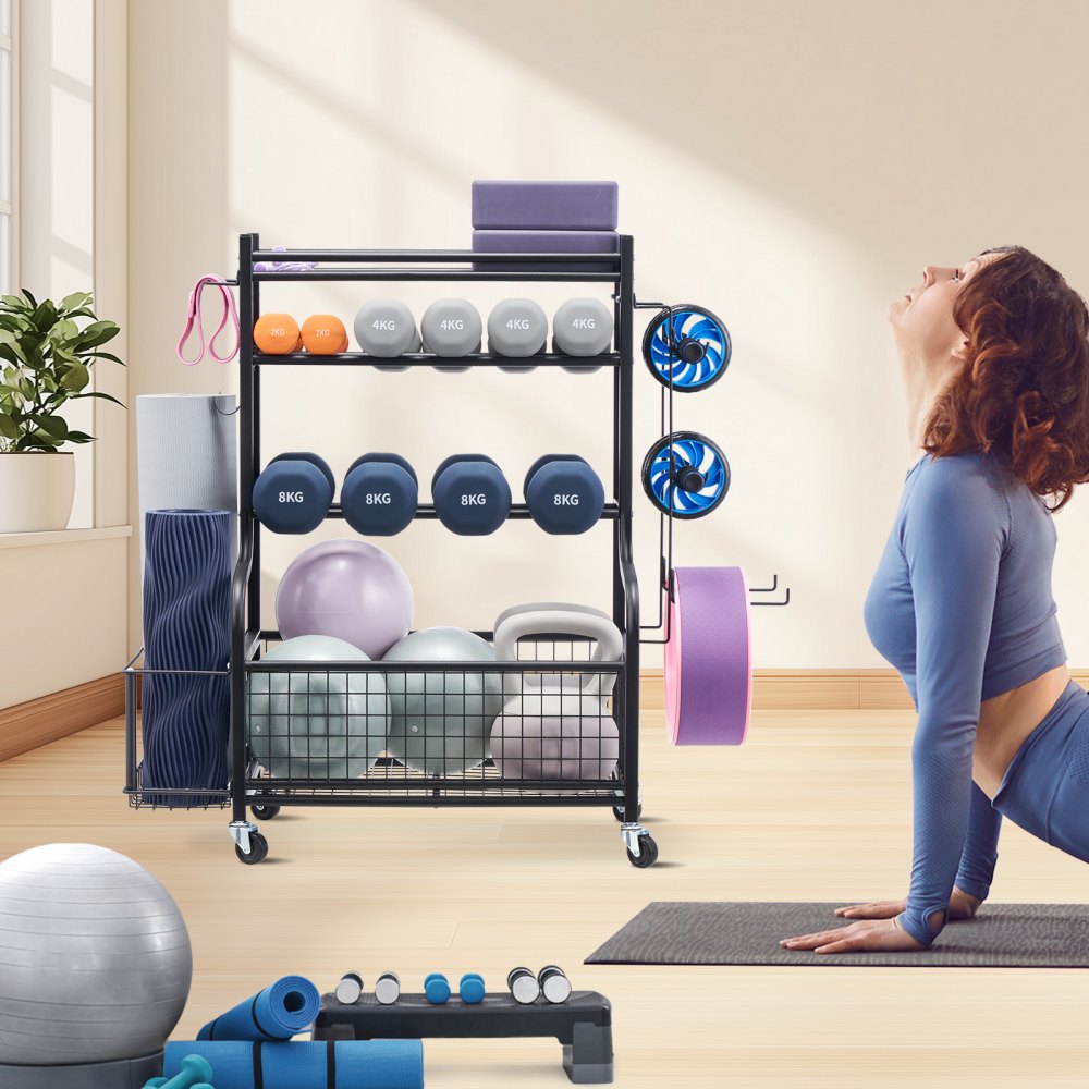 VEVOR Heimgymnastik Aufbewahrungsregal Aufbewahrungsständer Yogamattenhalter aus Stahl, Yogamatten Gewichtheben Rack mit Rädern & Haken, Hantel Gewichtheben Rack für Heimübung Fitnessgeräte