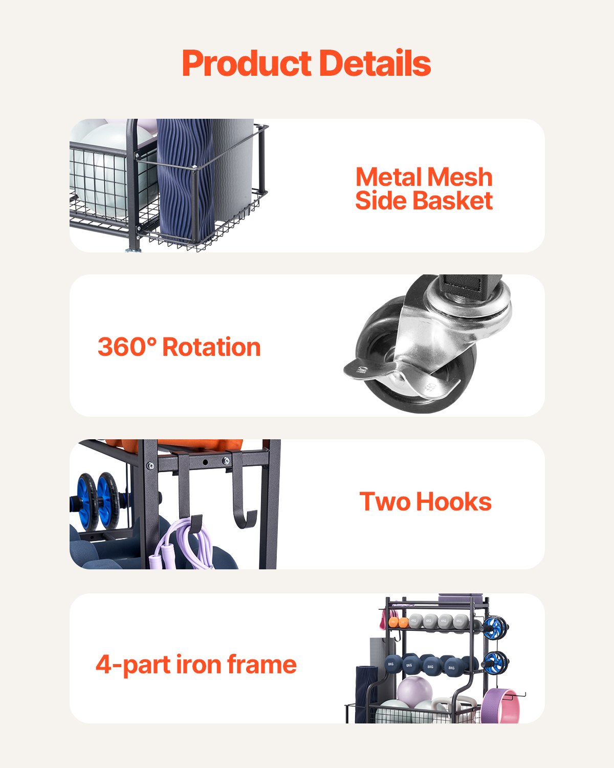 VEVOR Home Gymnastics Storage Rack, Steel Yoga Mat Holder, Yoga Mat Weightlifting Rack with Wheels & Hooks, Barbell Weightlifting Rack for Home Exercise Fitness Equipment