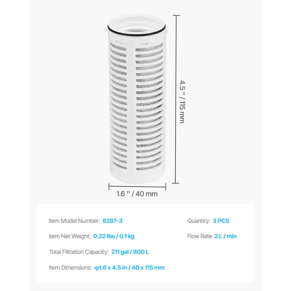 VEVOR Ersatz-Wasserfilter  (3 Stk.) für Kannen & Spender BPA-frei, hält 3 Monate oder 800 L, reduziert Chlor Rost Gerüche PFOA/PFOS, für Wasserfilterkanne 6287
