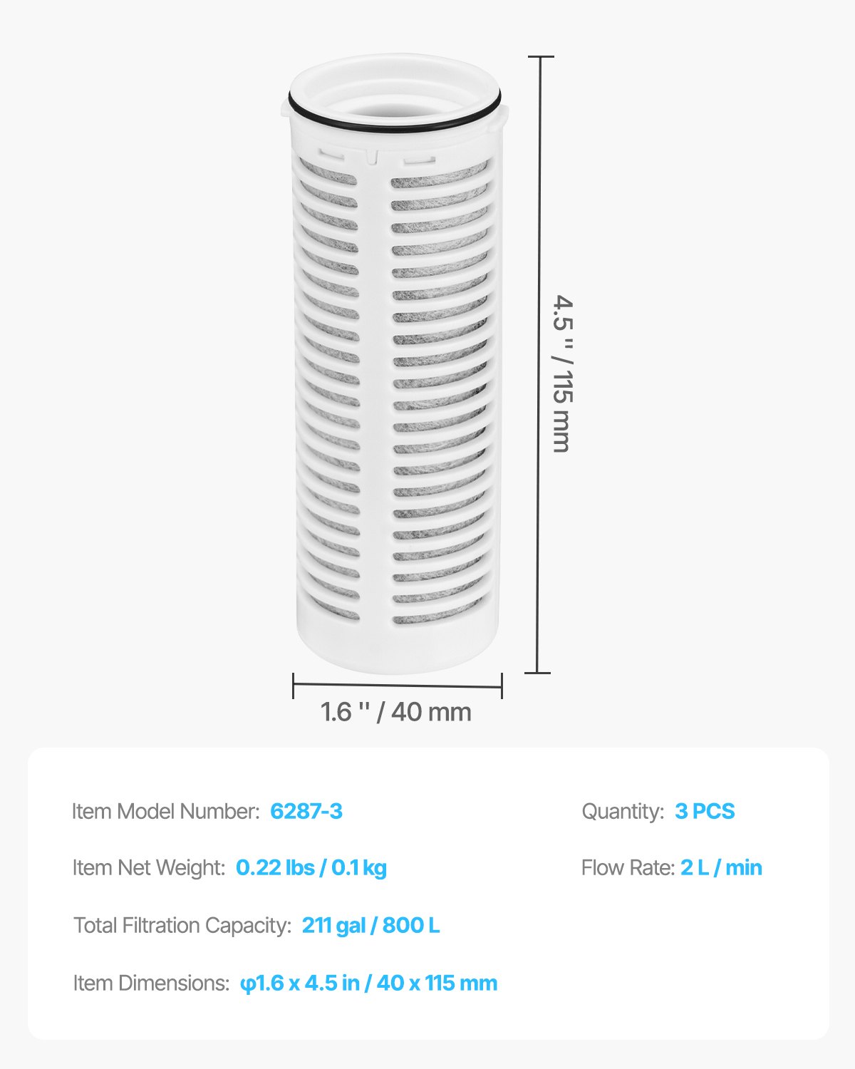 VEVOR Ersatz-Wasserfilter  (3 Stk.) für Kannen & Spender BPA-frei, hält 3 Monate oder 800 L, reduziert Chlor Rost Gerüche PFOA/PFOS, für Wasserfilterkanne 6287