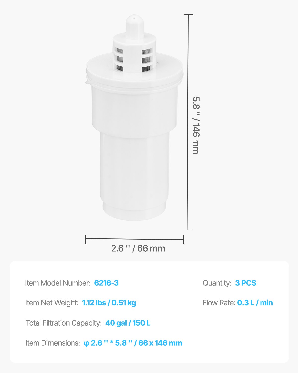 VEVOR Wasserfilter-Ersatz mit 0,3 L/min Durchflussrate für Kannen & Spender (3 Stk.) BPA-frei, hält 3 Monate oder 150 L, reduziert Kalk Blei Chlor, für Wasserfilterkanne 6216 Weiß