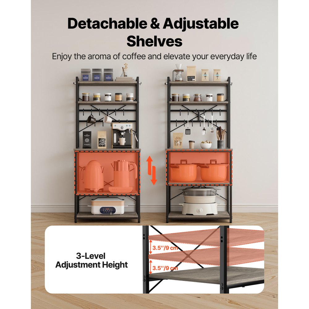 VEVOR Küchenregal Bäckerregal (600 x 400 x 1618 mm) mit X-förmiger Stützstange & 12 S-förmigen Haken & Doppelstöckiger Ablage, Mikrowellenregal für Geschirr Schüsseln Gewürzflaschen Metallregal
