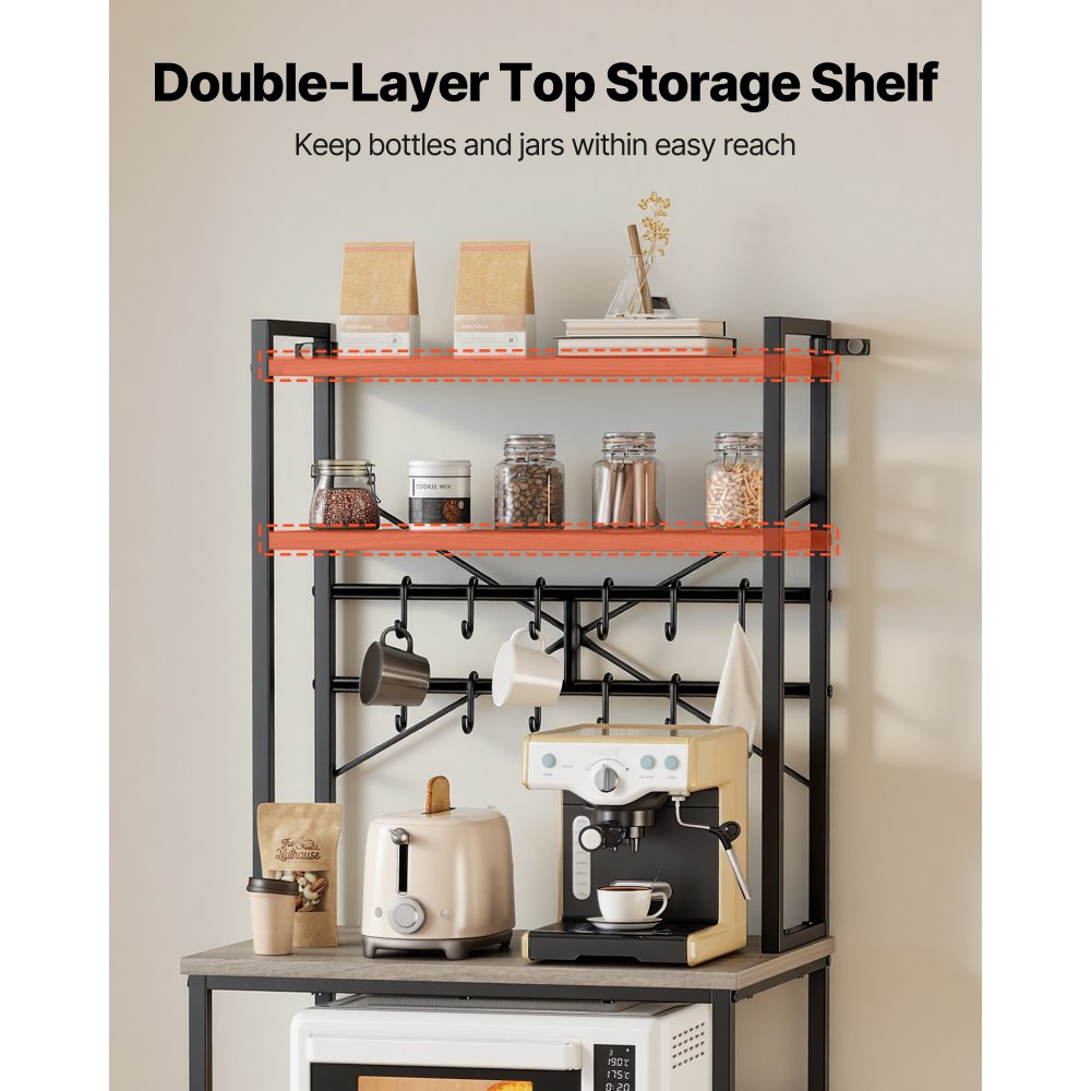 VEVOR Küchenregal Bäckerregal (600 x 400 x 1618 mm) mit X-förmiger Stützstange & 12 S-förmigen Haken & Doppelstöckiger Ablage, Mikrowellenregal für Geschirr Schüsseln Gewürzflaschen Metallregal