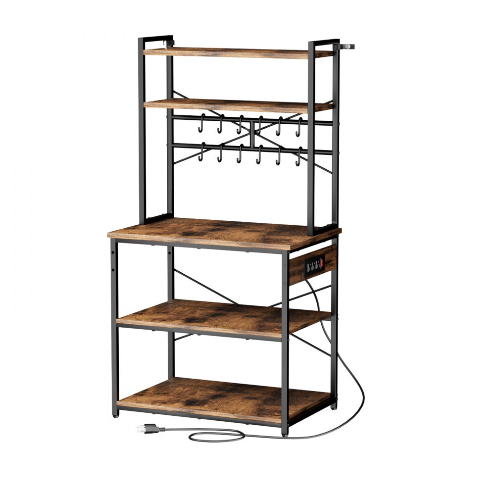 VEVOR Küchenregal Bäckerregal (800 x 400 x 1618 mm) mit X-förmiger Stützstange & 12 S-förmigen Haken & Integrierter Steckdosenleiste, Mikrowellenregal für Geschirr Gewürzflaschen Metallregal