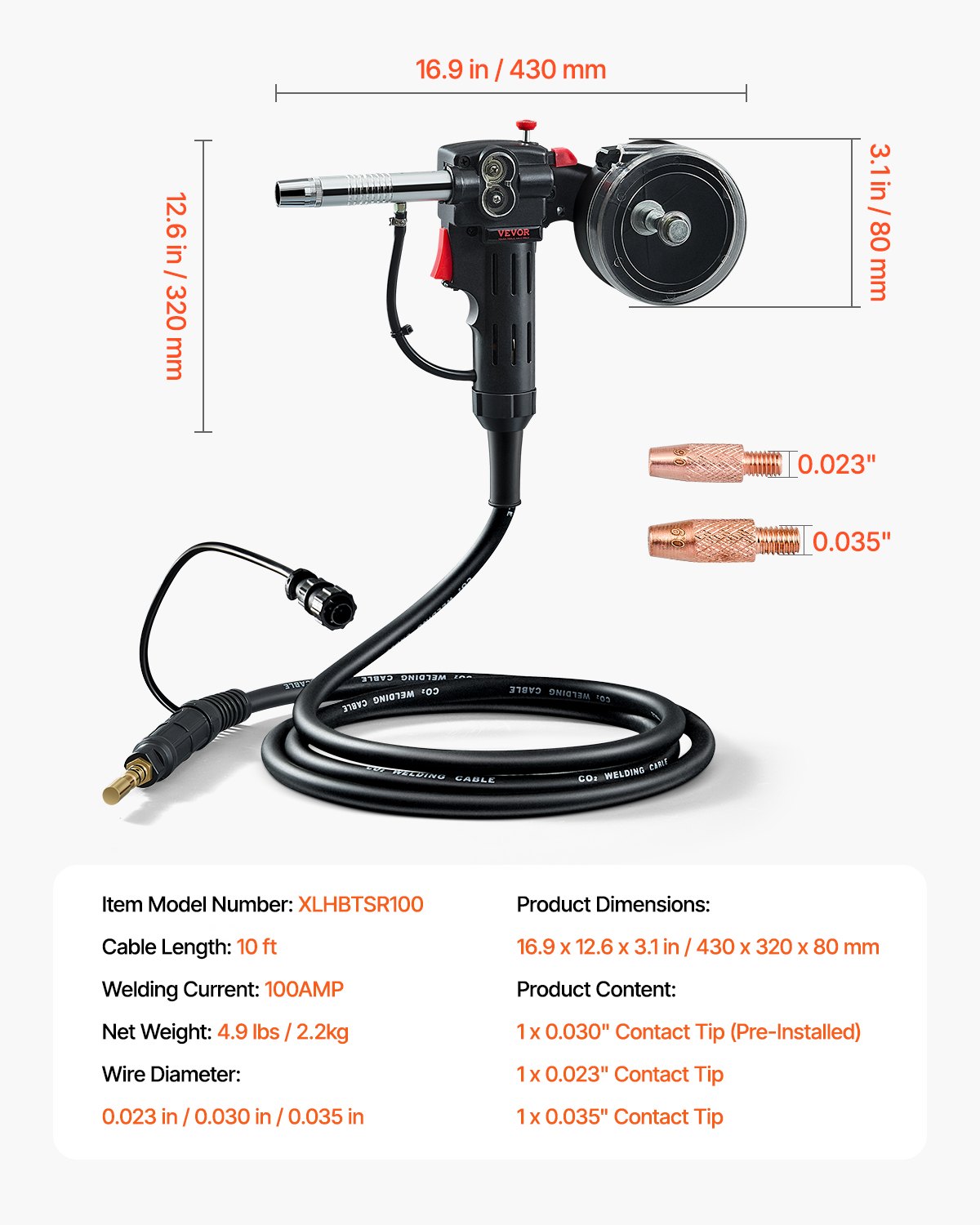 VEVOR 100-A-Schweißspulenpistole mit 3-m-Kabel, kompatibel mit Hobart Handler 210 MVP Mig-Schweißgeräten, geeignet für 0,58/0,0762/0,0899cm Flussmittelkern-/Massiv-/Aluminium-Schweißdrähte