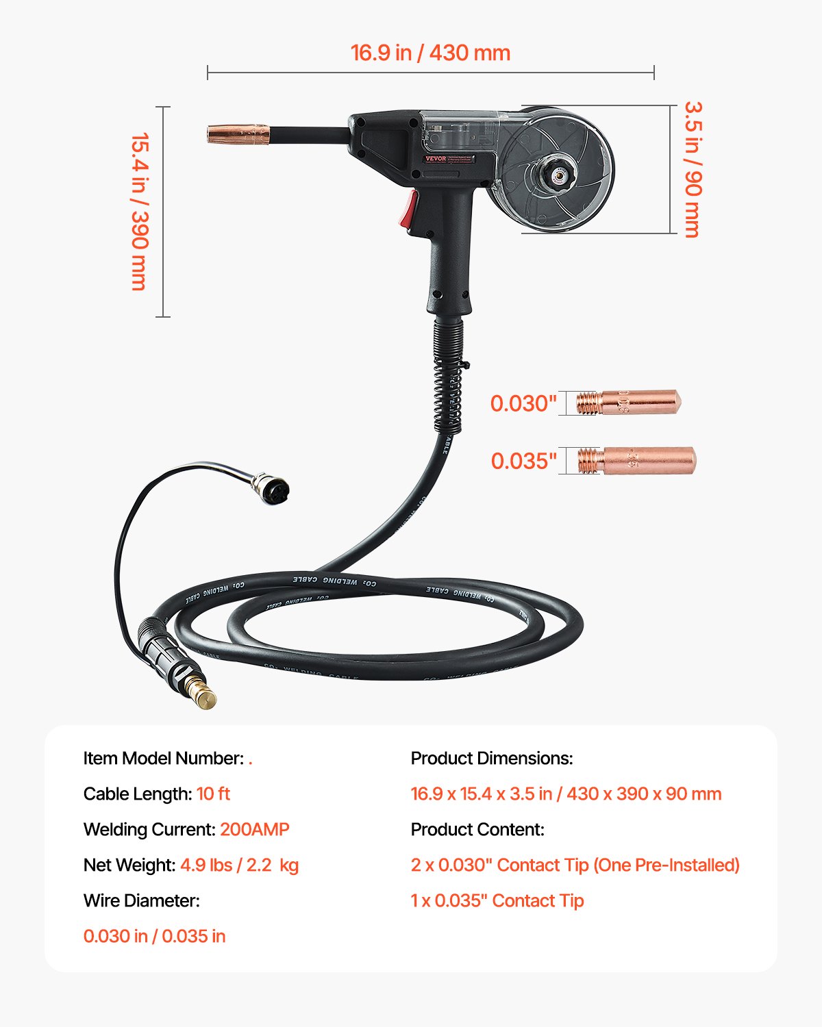 VEVOR 200-A-Schweißspulenpistole mit 3-m-Kabel, kompatibel mit W Weldpro MlG200GDsv200- und MIG155GD-Schweißgeräten, geeignet für 0,0762/0,0899cm Flussmittelkern-/Massiv-/Aluminium-Schweißdrähte