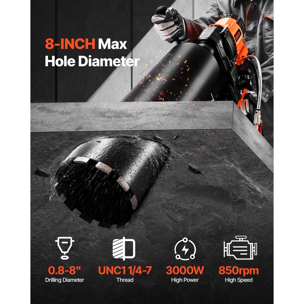 VEVOR Diamantkernbohrmaschine Kernbohrgerät, 2-20 cm Bohrdurchmesser, Nass Trocken Diamantbohrer mit 8 Bohrern & Bohrständer, 850 U/min, UNC1 1/4-7 Gewinde, für Beton Ziegel Stein, 3000 W
