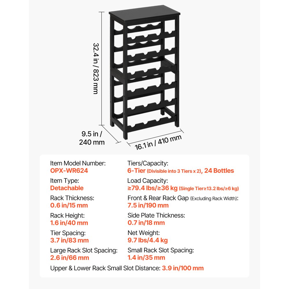 VEVOR Weinregal für 24 Flaschen, 6-stöckig, freistehendes Flaschenregal mit 36 kg Gesamtbelastbarkeit, Weinflaschenständer für Küche Keller Bar Esszimmer Wohnzimmer, Weinflaschenhalter Schwarz