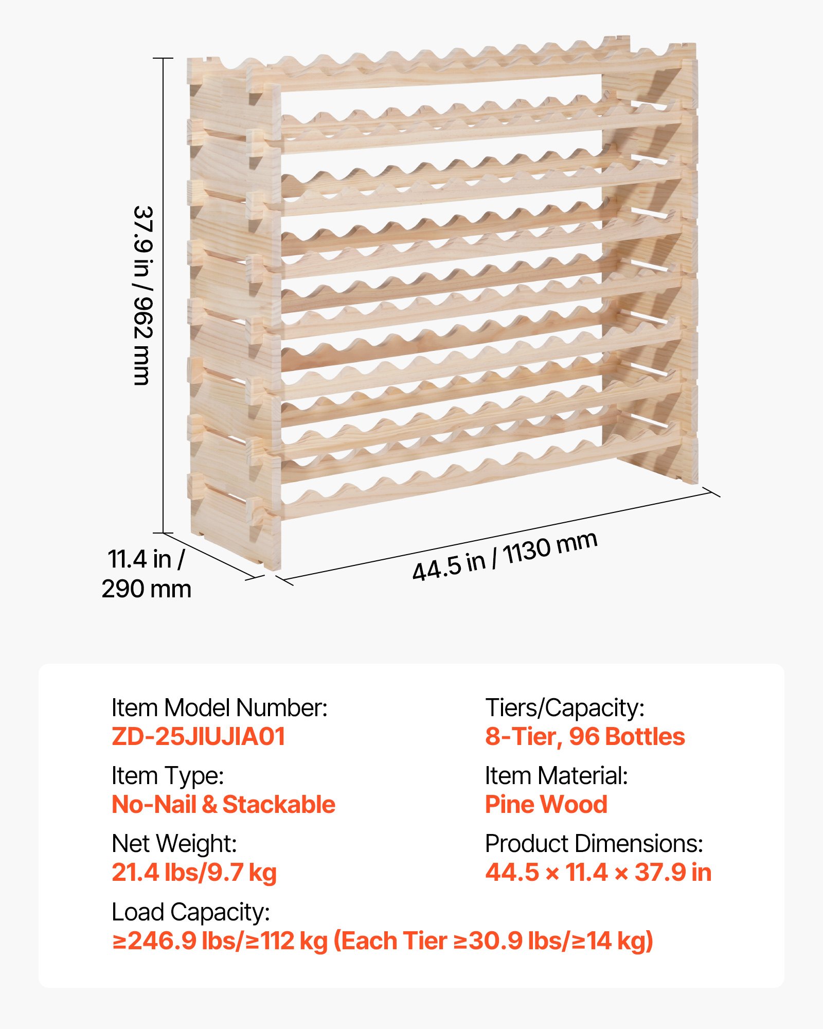VEVOR stapelbares modulares Weinregal für 96 Flaschen, 8-stöckig, Flaschenregal mit 112 kg Gesamtbelastbarkeit, wackelfrei, Weinflaschenständer für Küche Weinkeller Bar, Weinflaschenhalter Natur