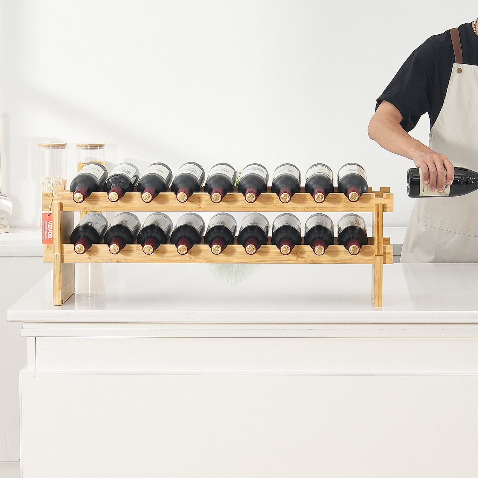 VEVOR Weinregal stapelbar 18 Flaschen, stabiles Flaschenregal, 2-stufiges Lagerregal aus massivem Bambusholz, freistehendes Weinregal, wackelfreie Regale für Küche, Bar und Keller  (natürliche Farbe)
