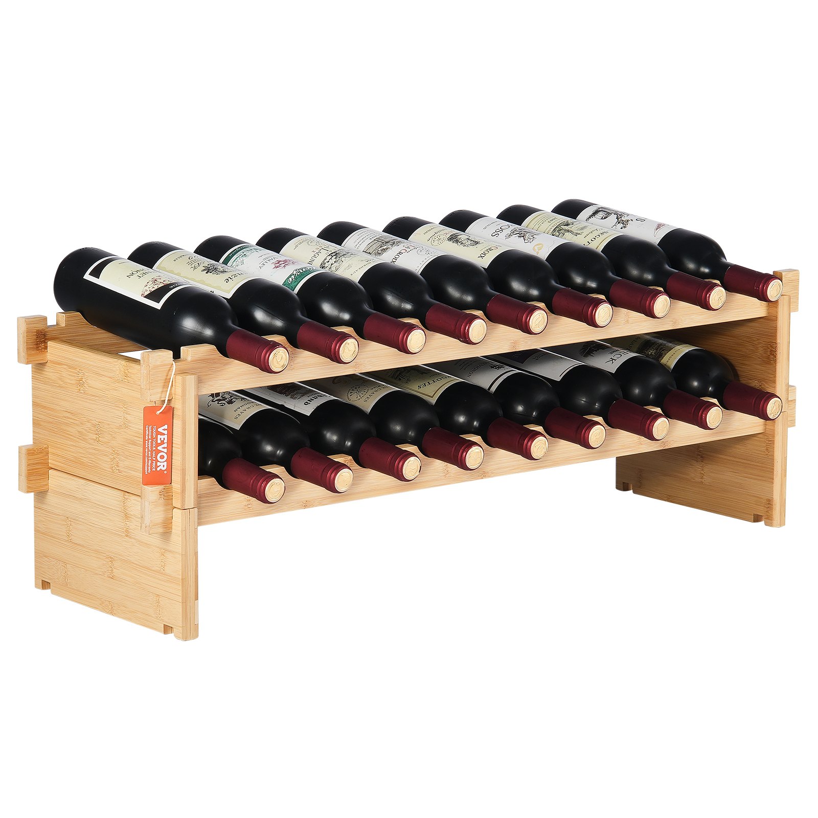 VEVOR Weinregal stapelbar 18 Flaschen, stabiles Flaschenregal, 2-stufiges Lagerregal aus massivem Bambusholz, freistehendes Weinregal, wackelfreie Regale für Küche, Bar und Keller  (natürliche Farbe)