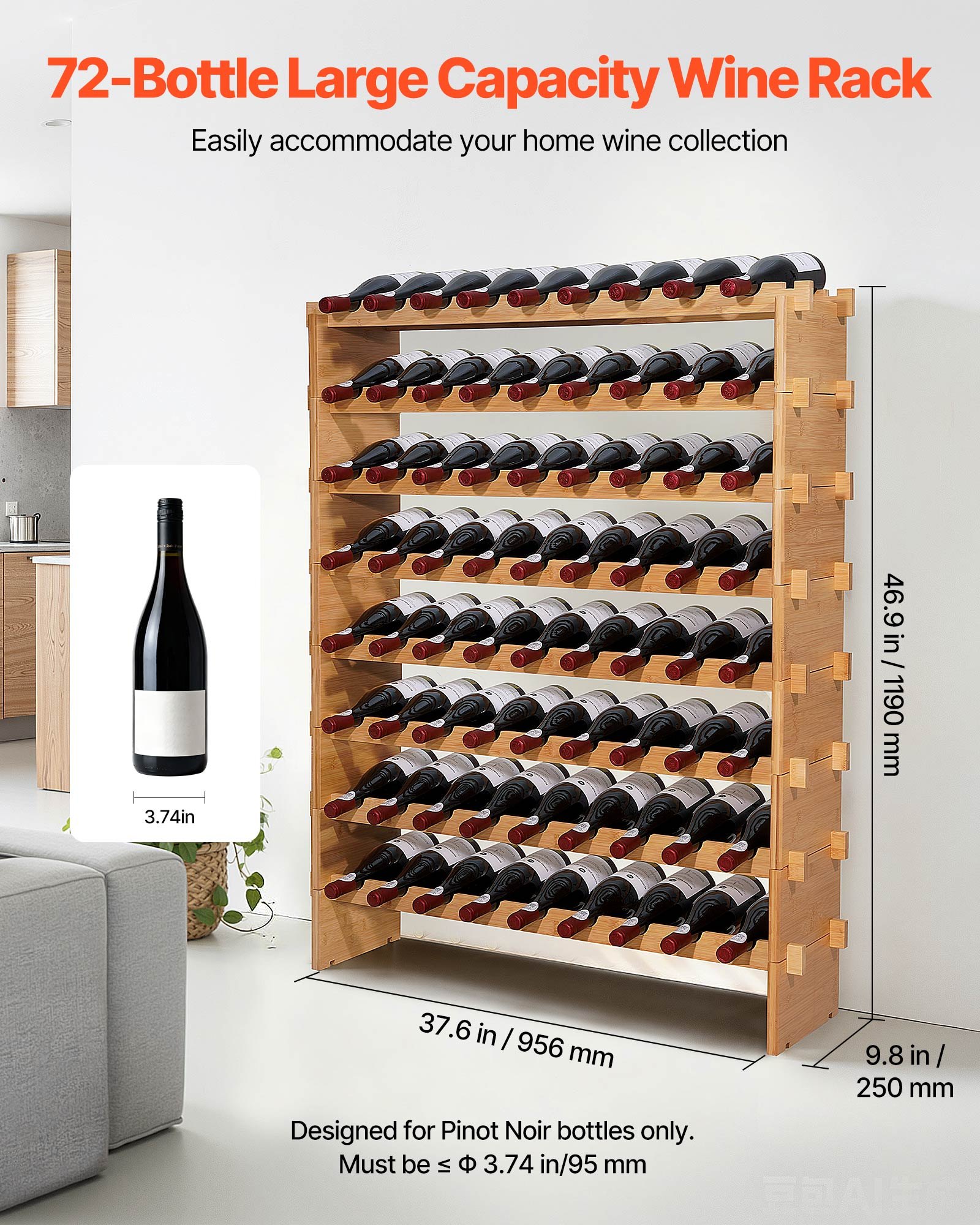 VEVOR stapelbares modulares Weinregal für 72 Flaschen, 8-stöckig, Flaschenregal mit 80 kg Gesamtbelastbarkeit, wackelfrei, Weinflaschenständer für Küche Weinkeller Bar, Weinflaschenhalter Natur