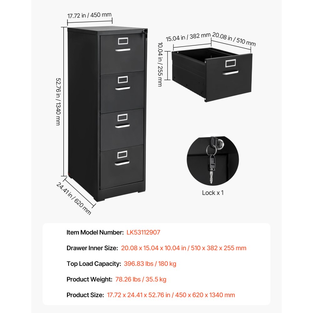 VEVOR Aktenschrank mit 4 Schubladen und Schloss, vertikale Büroschränke aus Metall für Homeoffice, Lagerschrank Materialschrank mit abnehmbarer Hängestange, für Akten im A4 (schwarz)
