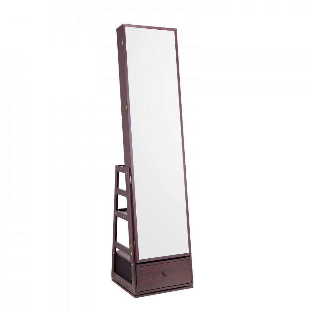 VEVOR Jewelry Cabinet, 360° Swivel Standing Mirror with Storage, Lockable Jewelry Mirror Organizer with Full-Length Mirror, Velvet Lining, LED Light & Drawer, Brown Jewelry Cabinet