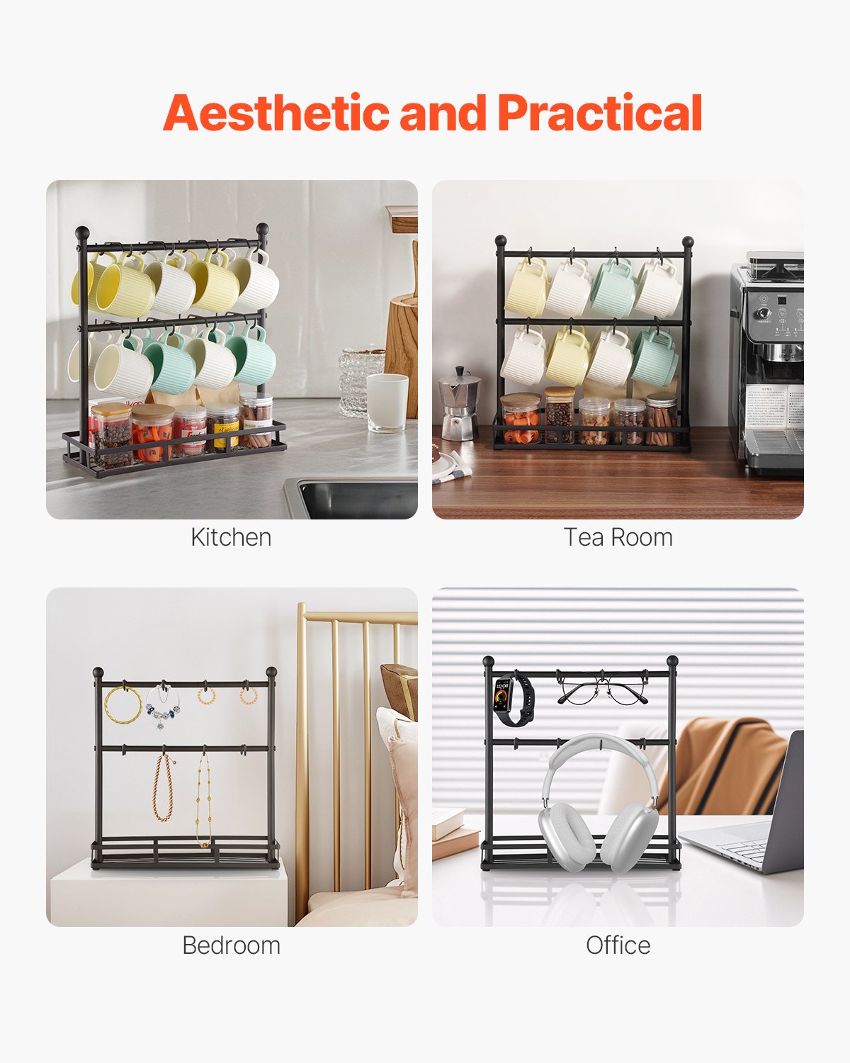 VEVOR Kaffeetassenhalter Tassenständer Tassenhalter mit 16 Haken und Aufbewahrungssockel, 2-stöckiger Tassenständer aus Karbonstahl zur Aufbewahrung und Präsentation in der Kaffeebar zu Hause