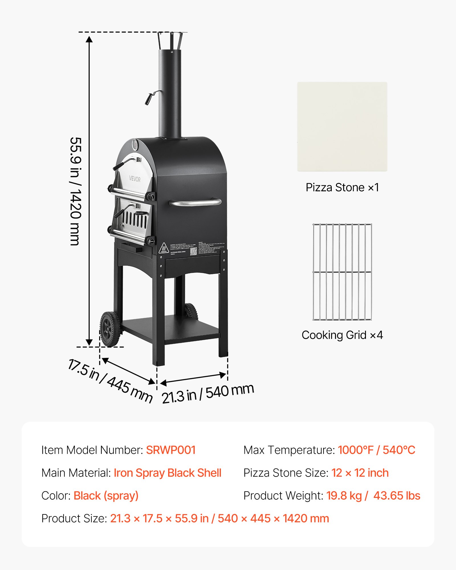 VEVOR Pizzaofen 12 Zoll Pelletöfen, 2-lagiger Pizzaofen mit Holzfeuerung, Holzbefeuerter Ofen Outdoor mit 2 abnehmbaren Rädern, Pizzamaker mit Höchsttemperatur von 540 °C zum Grillen